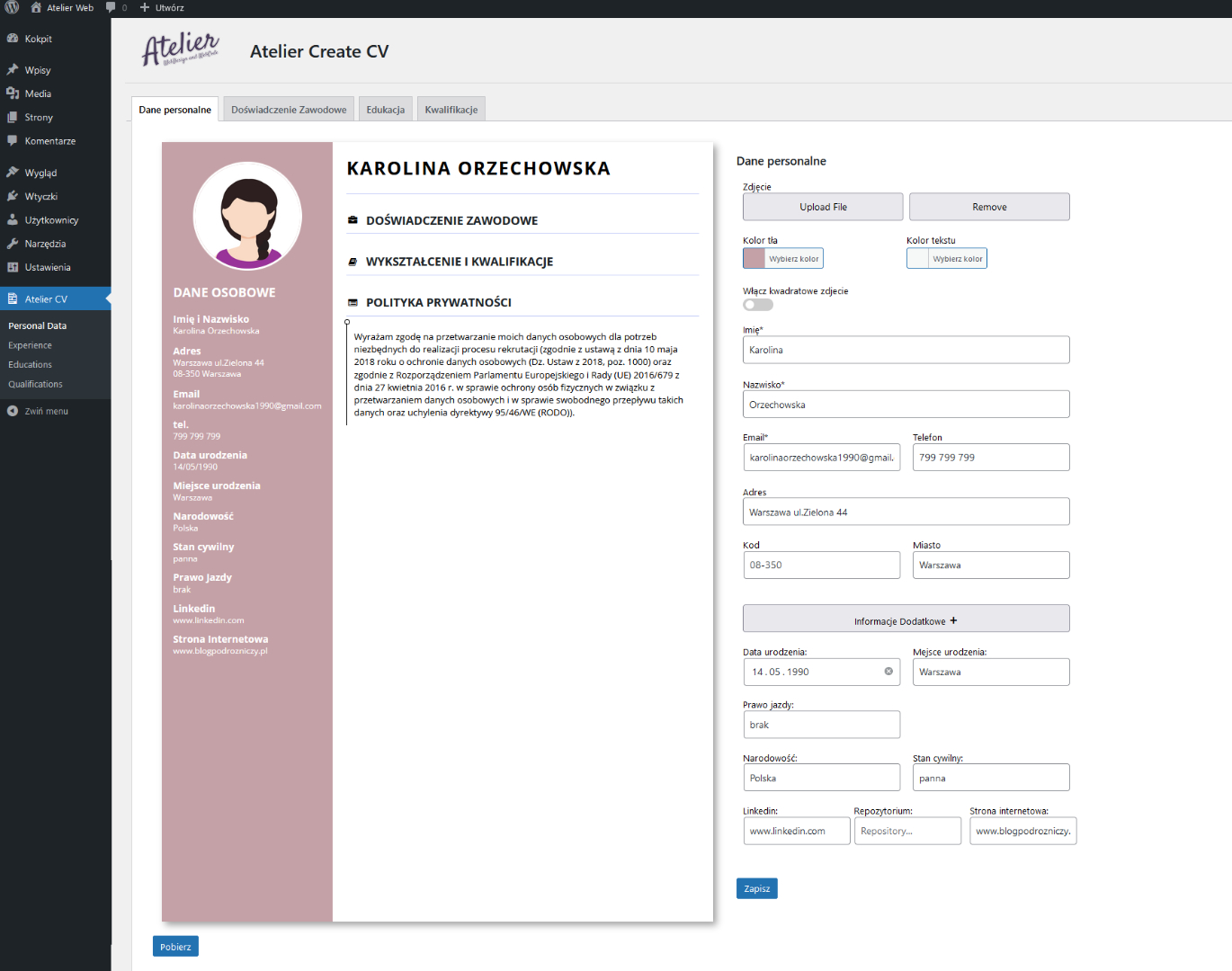 Atelier Create Cv dane personalne