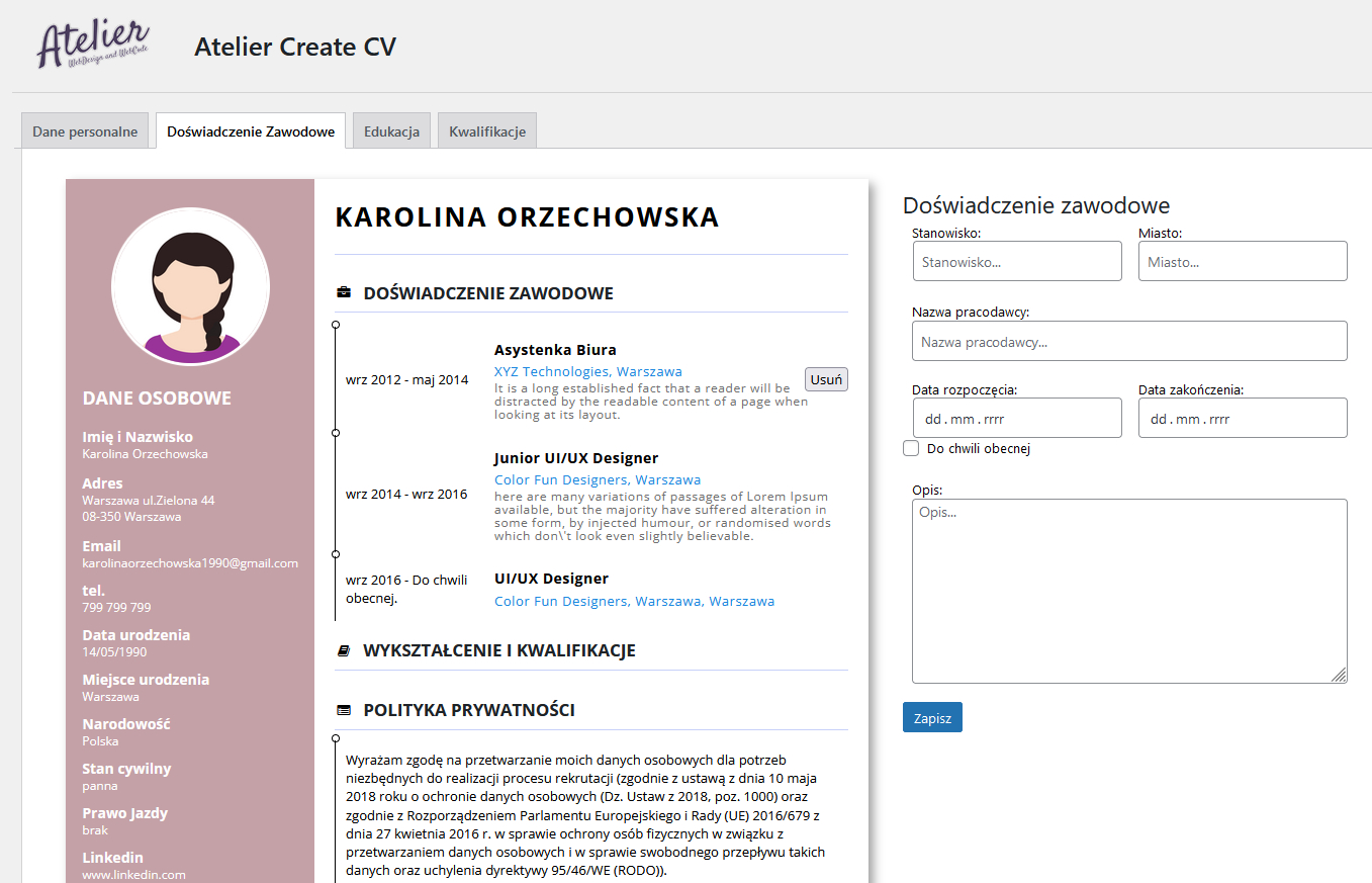 Atelier Create Cv doświadczenia zawodowe